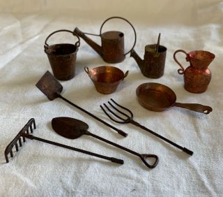 Vintage Dollhouse Miniatures Metal Garden Tools And Pots