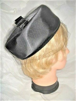Vintage Hat Black Satin Pillbox Velvet Bow On Top W/ Veil Women Ladies Millinery