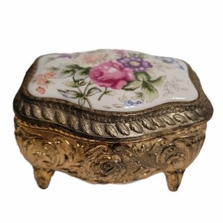 Vintage Silver And Gold Tone Porcelain Trinket Box Floral Metal Footed Jewelry