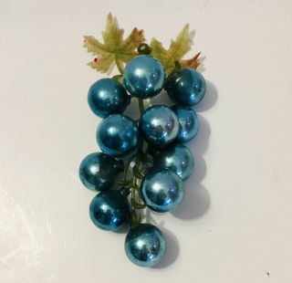 Vintage Mid Century Mercury Glass Ball Grape Leave Stem Ornament Blue Christmas