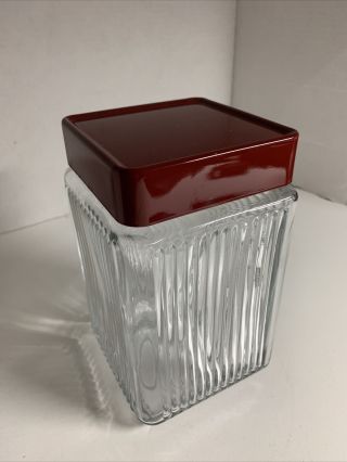Vintage - Look Retro Anchor Hocking Clear Ribbed Glass Canister W/ Red Metal Top