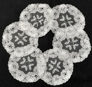 Six Vintage White Lace Tape Floral Embroidery On The Veil Round Doilies 3 1/4 "