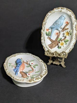 Vintage Homco Porcelain Blue Floral Bird Wall Décor 2 Pc Wall Plaques 3d