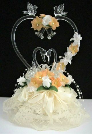 Vintage Wedding,  Anniversary Cake Topper W/ Glass Swans,  Lovebirds,  Bells,  Heart