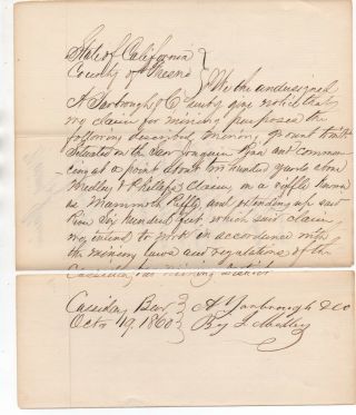 1860 Manuscript Mining Claim From Cassidy Bar On The San Joaquin River Ca