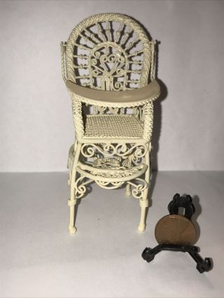 Vtg.  Dollhouse Miniature White Metal Wicker Style High Chair