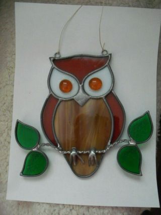 Vintage Lead Stained Glass - Brown Owl On Branch - Suncatcher - 5 " X 5.  5 " - Usa