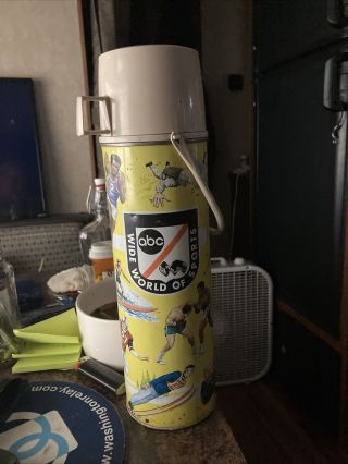 Vintage 1976 Abc Wide World Of Sports Thermos Yellow Olympic Theme Boxing Track