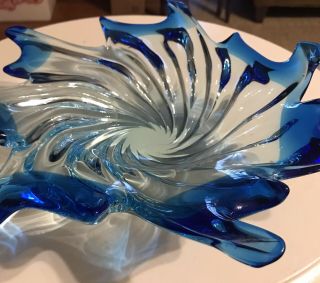 Hand Blown Vintage Heavy Blue Clear Swirl Art Glass Bowl
