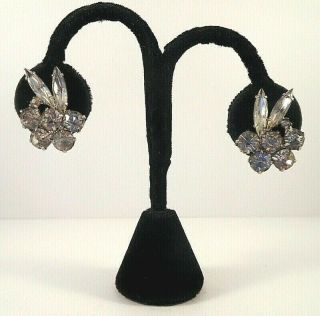 Vintage Signed Weiss Clear Navette & Round Rhinestone Flower Silvertone Earrings