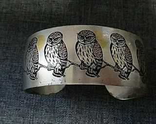 Reed & Barton Damascene Owl Cuff Bracelet Silver Tone Vintage