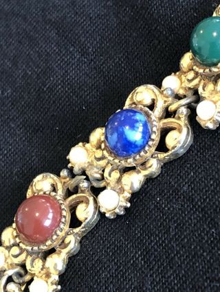Vintage Florenza Multi Color Cabochons And Seed Pearl Gold Bracelet Signed