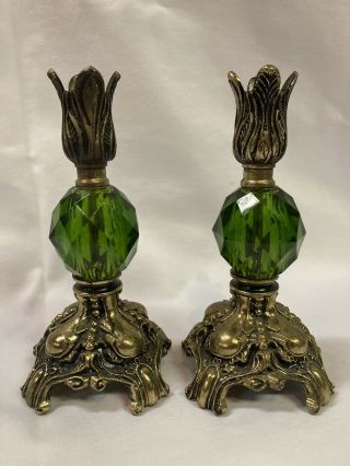 Vintage Candle Holders With Green Glass And Gold Heavy Metal Base And Top.  4”x7”