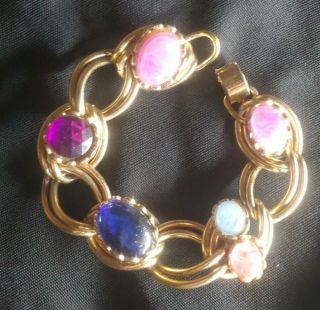 Vintage Signed Coro Cabochon Gold Tone Bracelet Charm Style Bracelet Pink Purple