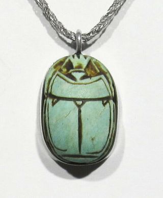 Vintage Signed Egyptian 925 Silver Hand Carved Scarab Beetle Turquoise Pendant
