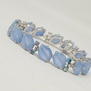 Vintage Light Sapphire Blue Molded Glass Leaf Ab Rhinestone Link Bracelet Safety
