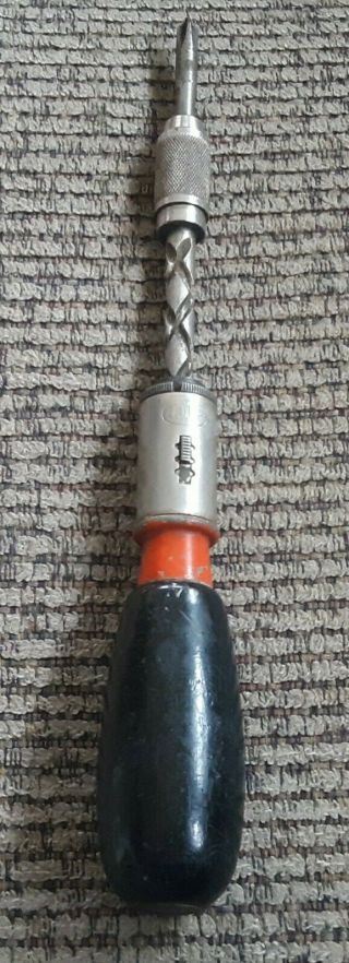 Dunlap Spiral Push Drill/screwdriver W Wood Wooden Handle Vtg Antique Tool Old