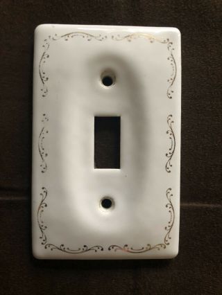 Vintage Porcelain Ceramic Single Light Switch Cover Plate White & Gold Scroll