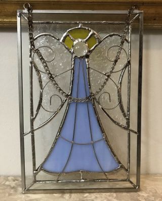 Vintage Stained Glass Blue Angel Silver Metal Window Suncatcher