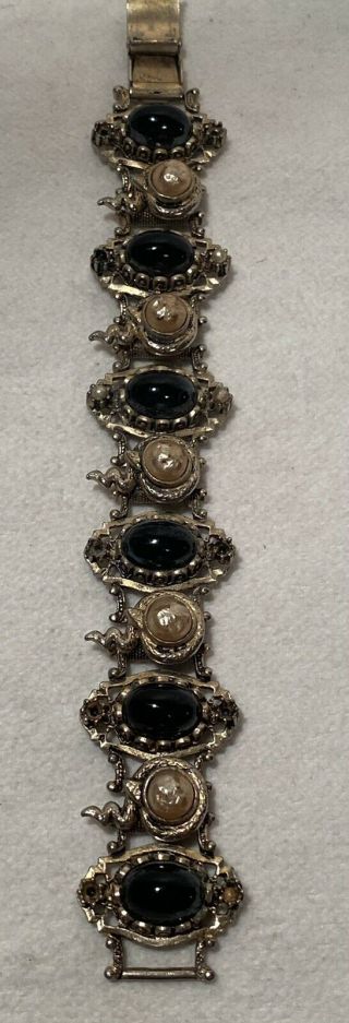 Vtg Victorian Revival Bracelet Gold Overlay Black Onyx Faux Pearl Snake Detail