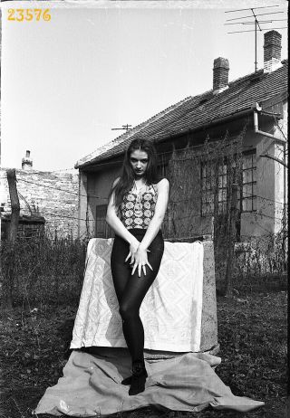 Sexy Girl W Long Hair,  Black Nylon Stockings,  1960s Vintage Negative