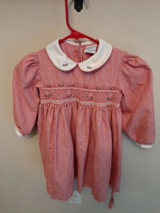 Vintage Friedknit Creations Toddler Girls Red Striped Smocked Dress Sz 4t