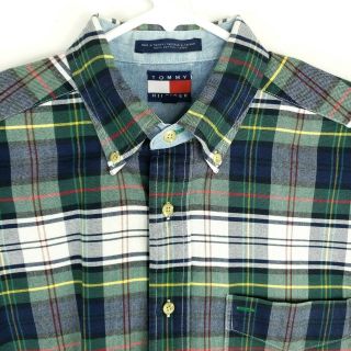 Vtg Tommy Hilfiger Mens Long Sleeve Plaid Check Green Button Down Shirt Size L