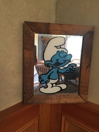 Vintage Smurf Mirror Wood Frame Carnival Prize 12.  5 " X10.  5 " 80 