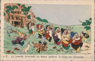 Cartoon French Walt Disney Snow White,  Seven Dwarfs Walt Disney Postcard Vintage