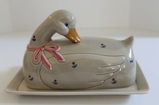 Vintage Otagiri Gray Duck Pink Bow Butter Dish Tray And Cover
