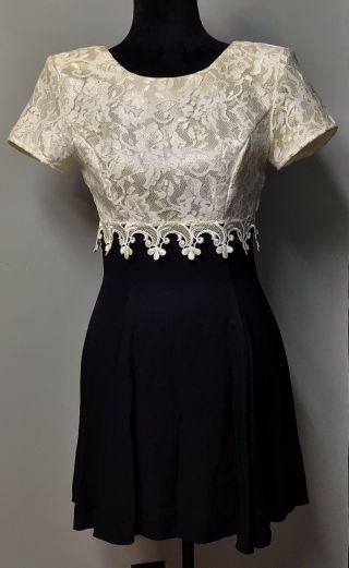 Vtg Jessica Mcclintock Gunne Sax Black & Ivory Lace Victorian Flare Dress Sz 3/4