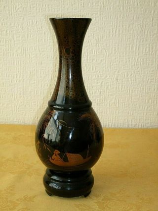 Vintage Chinese Oriental Wooden Painted Black Lacquer Vase