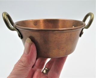 Vintage French Small Miniature 11cm Stamped Copper Jam Pan Brass Handles 4.  3 "