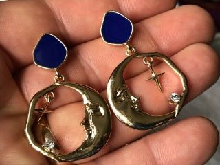 Vintage Style Gold Celestial Crescent Man In The Moon Face Star Dangle Earrings