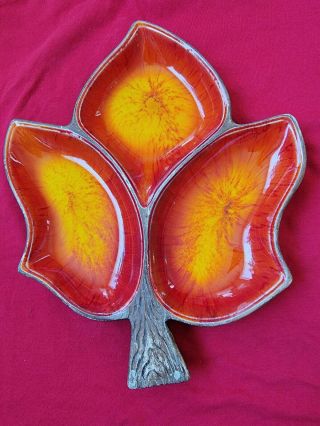 Vintage Treasure Craft Of Hawaii - 3 Part Divided Orange/red Leaf Dish.  377 G1