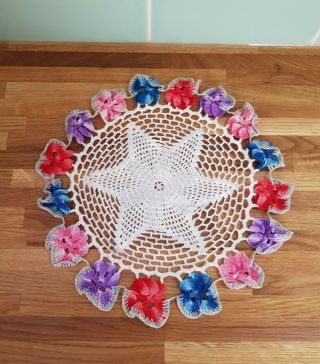 Vintage White And Pink,  Red & Violet Floral Pansy Trim Crochet Doilies