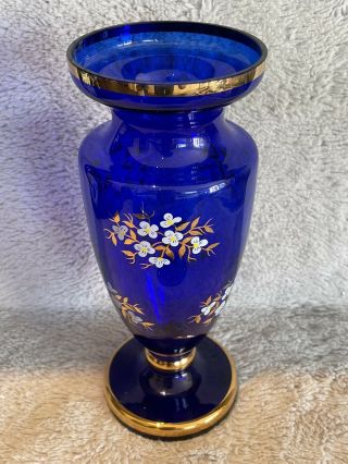 Vintage Bohemian Czech Vase In Blue With Hand Painted Gold Detailing
