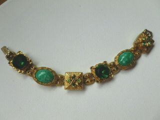Vintage Gold Tone Green Rhinestone Faux Jade Glass Cabochon Bracelet