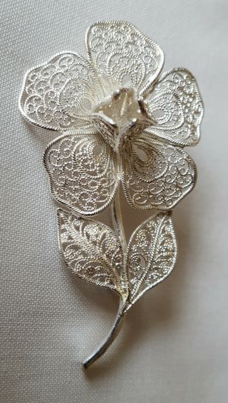 Vintage 925 Silver Filigree Rose Flower Brooch,  In