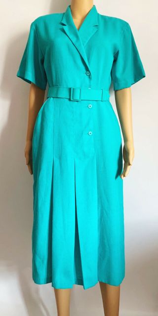 Vtg Richards Turquoise Blue/green Belted Midi Dress Uk10 Land Girl Tea Dress