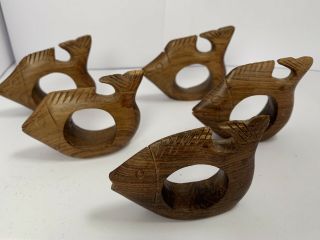 Set Of 5 Hand Carved Vintage Wooden Fish Napkin Rings
