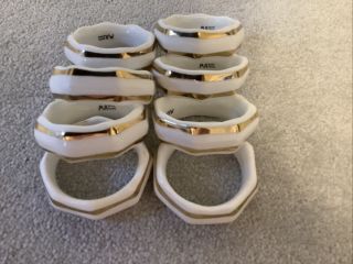 Set Of 8 Vintage Ajl Bone China Napkin / Serviette Rings.  White With Gold Trim