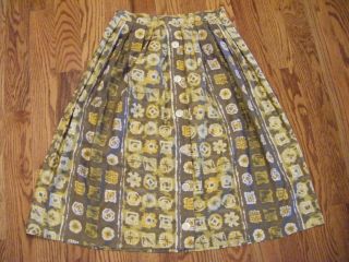 Vtg 50s Olive Green/grey/yellow Novelty Printed Buttons A - Line Skirt - Waist 28 "