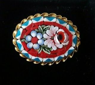 Vintage Italian Micro Mosaic Brooch With Gold Surround In