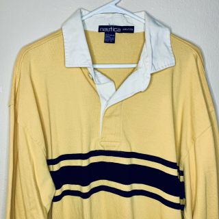 Vintage Nautica Polo Shirt Mens 2XL XXL Yellow Long Sleeve Rugby Striped 3