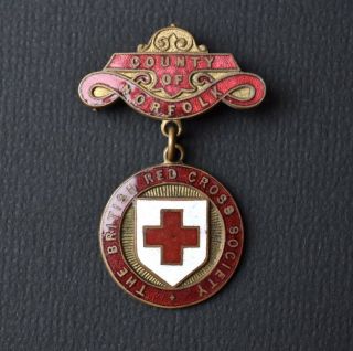 Vintage Red Cross Enamel Pin Badge Medal County Of Norfolk Nursing Collectable