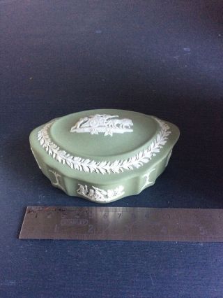 Vintage Wedgewood Green Jasperware Lidded Pot/ Trinket Box - Oval,  Scalloped Shape