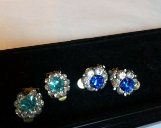 2 Pairs Of Vintage Art Deco Clip On Earrings With Blue Rhinestones