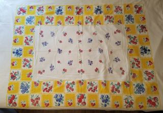 Vintage Cotton Tablecloth Fruit Cherries Strawberries Pears Apples Yellow 60x70