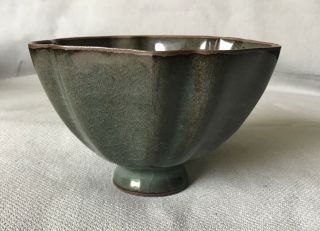 Chinese Vintage Green Enamel And Metal Ribbed Bowl Unmarked